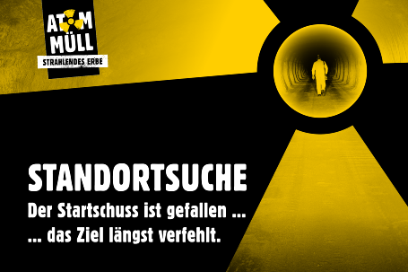 Ein gelb-schwarzes Bild, klein ein Tunnel, in dem ein Mann mit Geigerzähler entlang geht.
