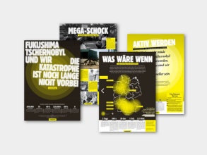 Montage einer Auswahl von vier Plakaten aus der ausgestrahlt-Ausstellung »Fukushima, Tschernobyl und wir«