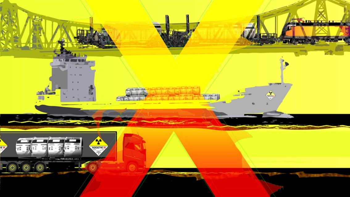 Collage: Auf gelbem Grund sind ein Güterzug, der eine Brücke überfährt, ein Frachtschiff sowie ein Lkw, jeweils mit radioaktiver Fracht beladen, untereinander angeordnet. Die drei Szenerien werden von einem roten X überlagert.