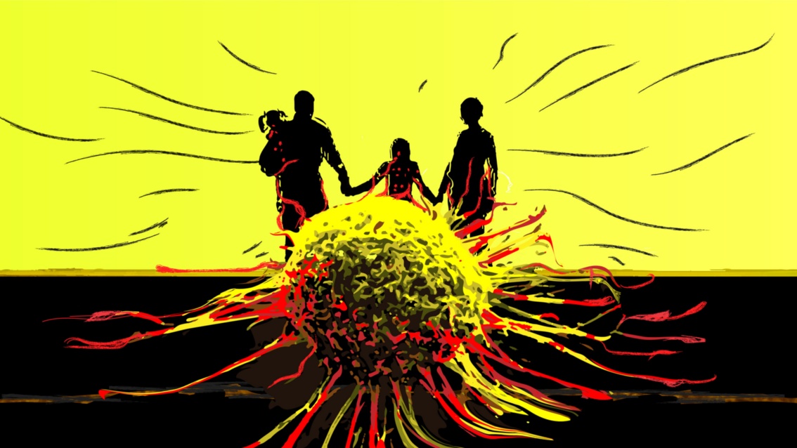  Collage: Eine als Silhouette vor gelbem Grund dargestellte Kleinfamilie wird teils von roten Tentakeln umschlungen, die von einer im Vordergrund befindlichen, ins Monströse vergrößerten Krebszelle ausgehen.