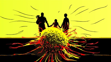  Collage: Eine als Silhouette vor gelbem Grund dargestellte Kleinfamilie wird teils von roten Tentakeln umschlungen, die von einer im Vordergrund befindlichen, ins Monströse vergrößerten Krebszelle ausgehen.
