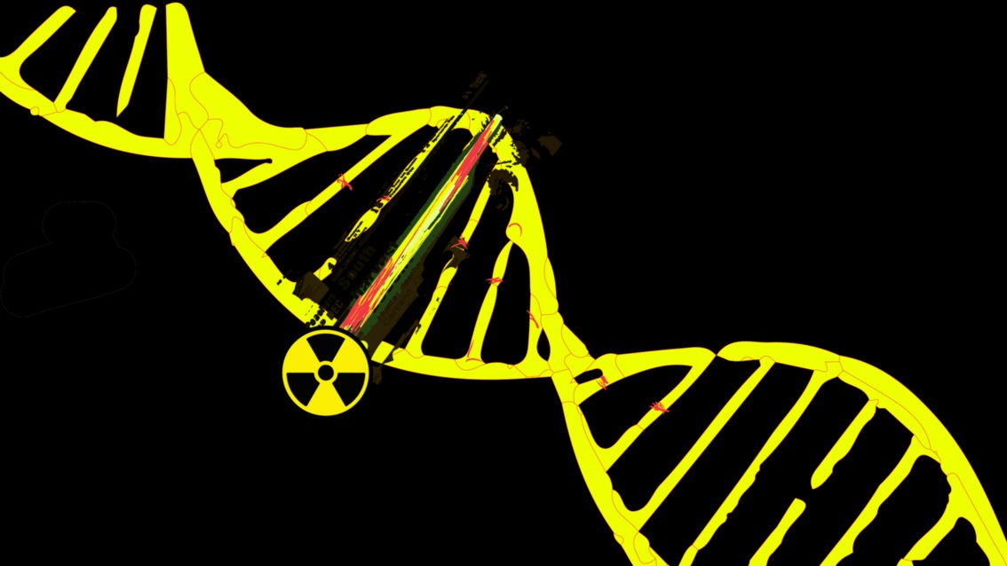 Collage: Vor schwarzem Hintergrund erstreckt sich eine grellgelbe, mit einem Radioaktivzeichen markierte DNS-Doppelhelix, deren Basenpaare teils unterbrochen sind.