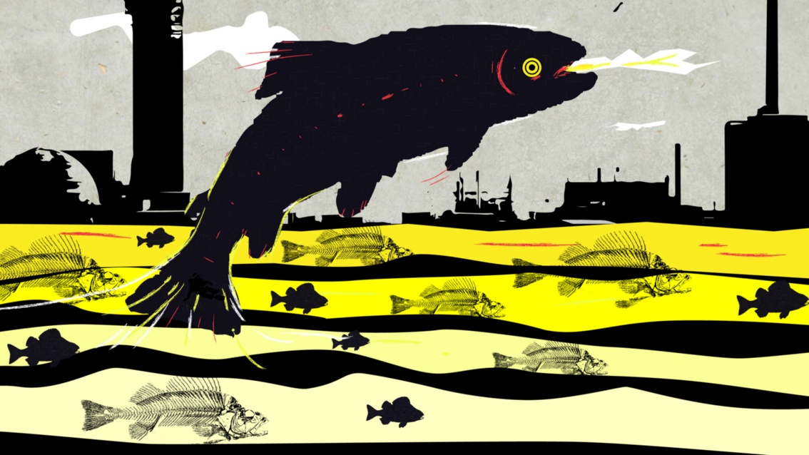 Collage: Ein schwarzer Fisch springt im Vordergrund aus den Wogen eines in Gelbtönen dargestellten Flusses, in dem weitere schwarze Fische, aber auch Fischgerippe schwimmen; am Horizont erscheinen die Kuppel eines AKW sowie weitere Industriegebäude.