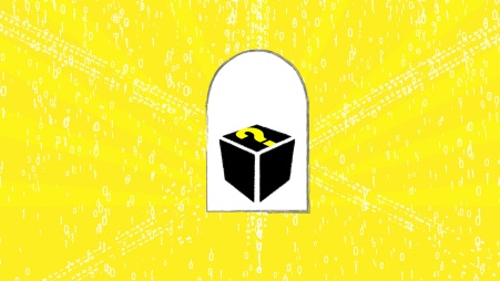 Grafik: Flächig weiß dargestellter Atommeiler auf gelben Hintergrund, der strahlenförmig von in Weiß gehaltenen Zahlen- und Buchstabenketten durchzogen ist. Im Meiler ist eine quaderförmige Schachtel in Schwarz abgebildet, auf deren oberer Fläche ein Fragezeichen in Gelb erscheint.