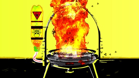 Collage: Aus einer umgedrehten PET-Flasche mit einem Leicht-entzündlich-Symbol, die am Griff eines Campinggrills befestigt ist, fließt Flüssigkeit in die glühende Kohle; den auflodernden Flammen entsteigen Radioaktivzeichen.