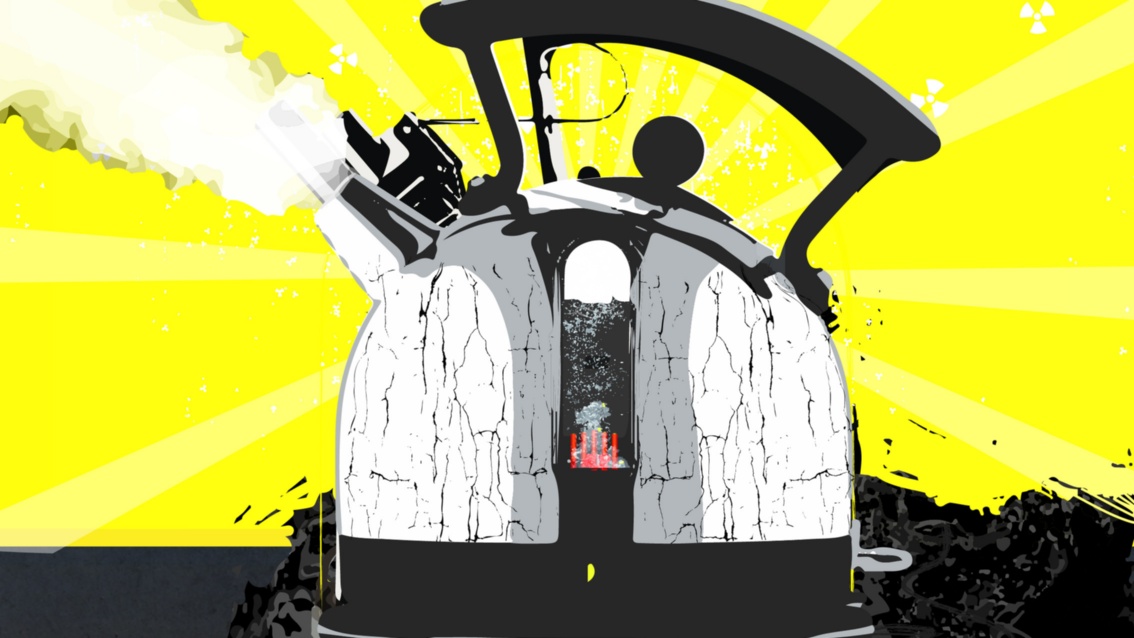 Collage: Vor gelber Fläche und auf schwarzem Grund ein großer Wasserkessel mit Pfeife, dem nach links oben Dampf entströmt. Im Inneren des Kessels ist ein Reaktordruckbehälter dargestellt, in dem rot glühende Brennstäbe das Kühlwasser zum Brodeln bringen.