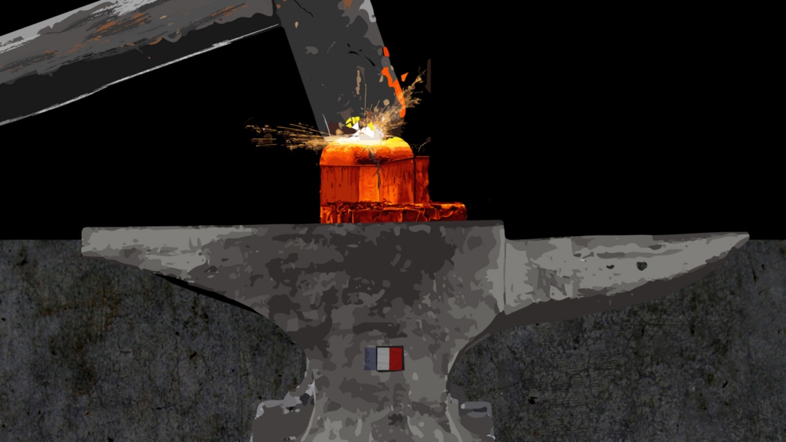 Grafik: Horizontal geteiltes Bild, in dessen oberer, schwarz gehaltener Hälfte ein riesiger grauer Hammer auf ein rot glühendes Atomkraftwerk schlägt. In den Grund unter dem Atomkraftwerk ist ein übergroßer Amboss eingelassen, auf dessen Körper die Flagge Frankreichs erscheint.