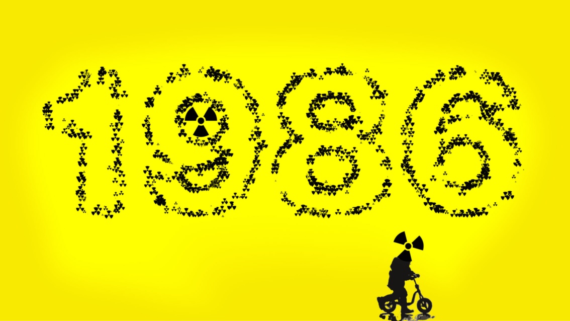  Collage: Vor gelbem Hintergrund zeichnet sich die Jahreszahl «1986» ab, die Konturen der Zahlen sind aus Radioaktivzeichen zusammengesetzt; darunter die Silhouette eines rollerfahrenden Kindes mit einem Radioaktivzeichen anstelle des Kopfes.