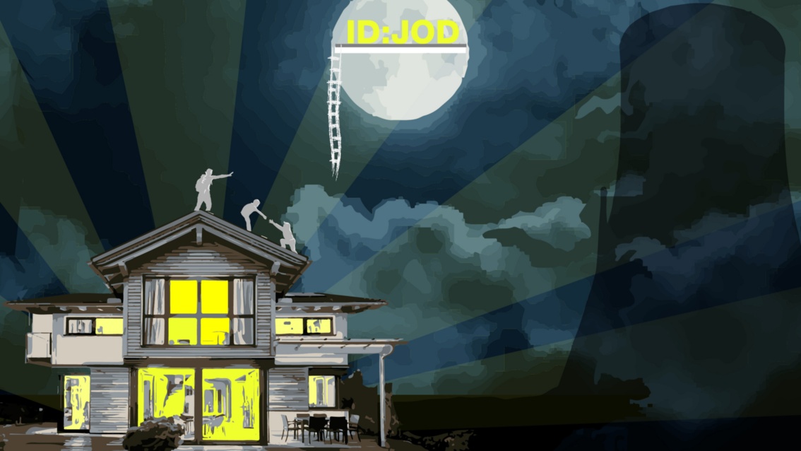 Collage: Drei Personen erklimmen nächtens das Dach eines gelb erleuchteten Einfamilienhauses. Vom darüberstehenden Mond mit der Aufschrift «ID: JOD» hängt eine Strickleiter in den dunklen, von einem Strahlenkranz durchzogenen Himmel.