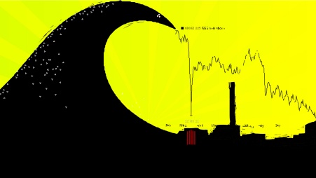 Collage: Eine schwarze Riesenwelle mit kleinen Radioaktivzeichen türmt sich über ein scherenschnittartig dargestelltes AKW, in dem fünf rot glühende Brennstäbe zu erkennen sind. Von der Spitze der Woge zieht sich eine absteigende gezackte Linie, die den abstürzenden Kurs des asiatischen Aktienindex «NIKKEI 225» zeigt, nach rechts über den grellgelben Himmel.