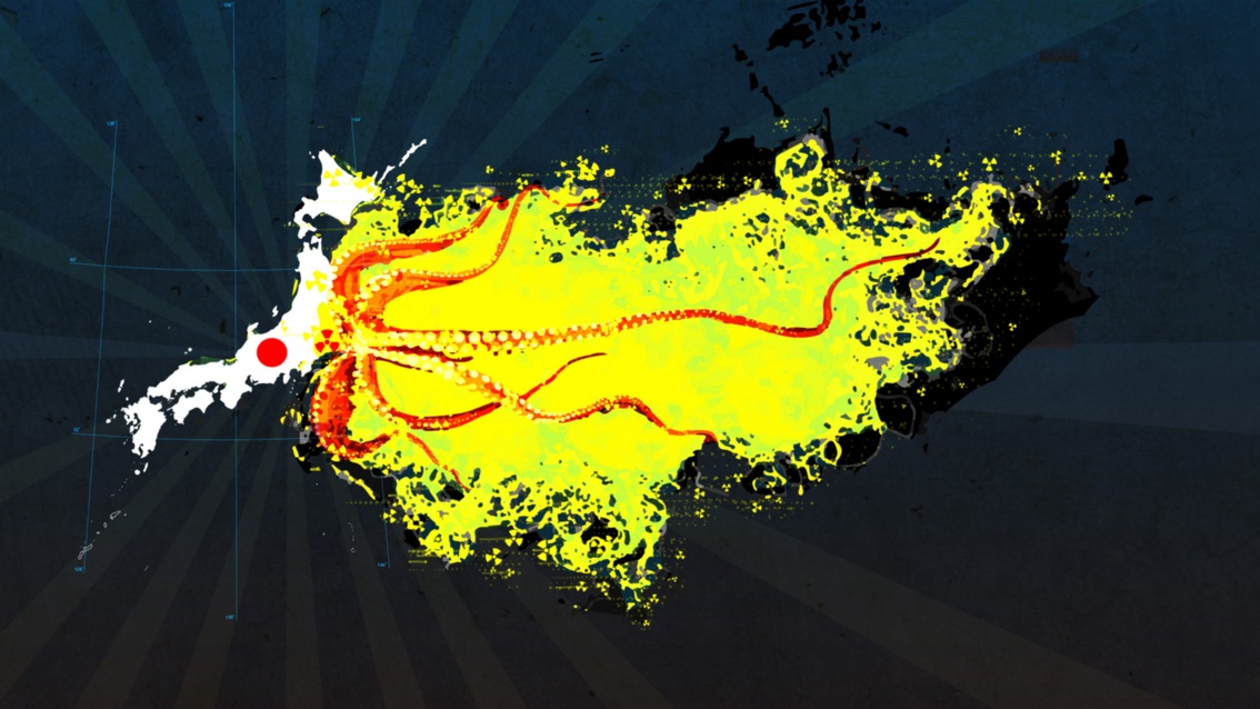 Collage: Auf dunkelblau-schwarzem Grund erscheinen links in Weiß die Umrisse Japans, ein roter Punkt erinnert an die japanische Flagge. Die Position von Fukushima ist mit einem roten Radioaktivzeichen markiert; von dort aus schlängen sich auf gelbem Grund die roten Tentakel eines Oktopus ostwärts in den Pazifik. Wo das Gelb sich im dunklen Hintergrund verliert, sind kleine Radioaktivzeichen zu erkennen.