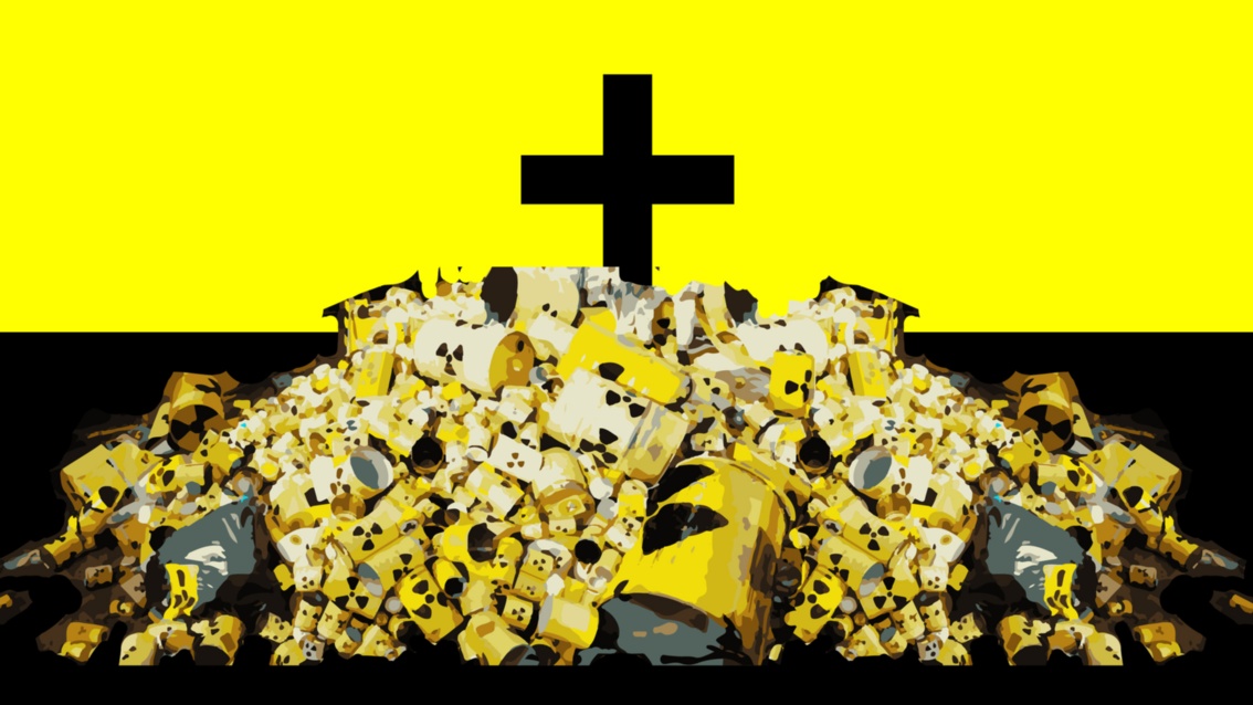 Collage: Auf einem großen Haufen mit Radioaktivzeichen markierter Fässer thront ein schwarzes Kreuz vor grellgelbem Himmel.