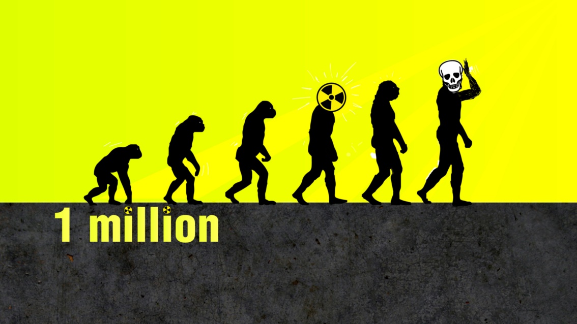  Collage: Vor gelben Hintergrund erscheinen drei Vorfahren des heutigen Menschen, der seinerseits ein Radioaktivzeichen anstelle des Kopfes trägt. Die erste Figur rechts davon wirkt deformiert, die zweite dreht ihren Totenkopf zum Betrachter. Darunter erscheint der Text «1 Million».