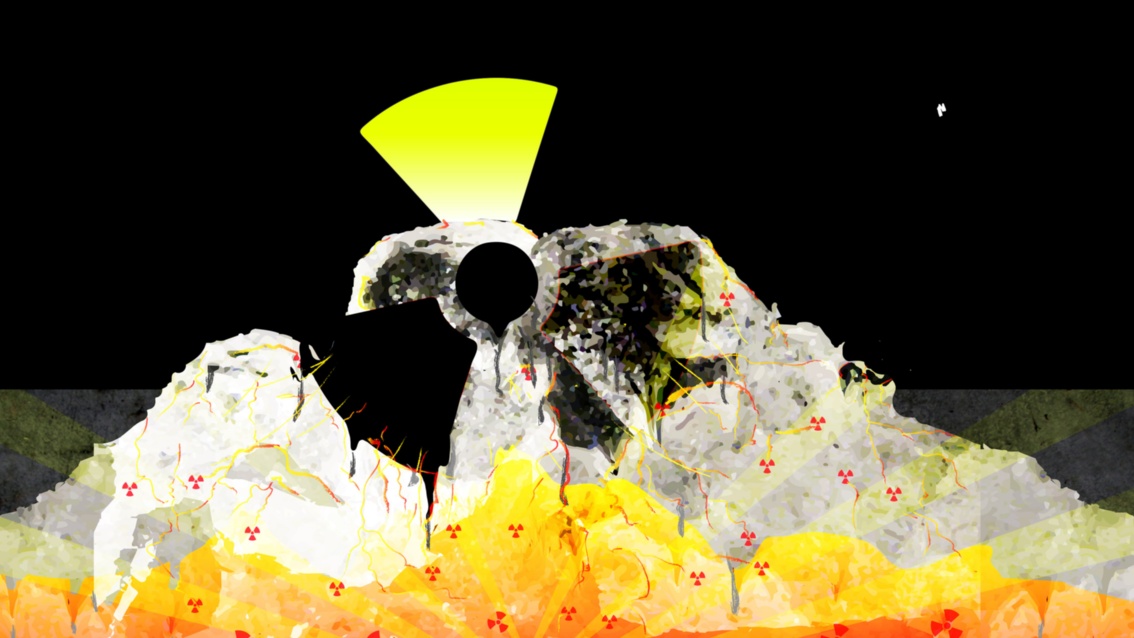 Collage: Über einem Berg aus groben weißen Salzkristallen erscheint vor schwarzgrauem Hintergrund ein großes Radioaktivzeichen, dessen untere Konturen als Risslinien ins Salz laufen. Vom unteren Bildrand her wird das Salz durch Strahlen orangerot und gelb erleuchtet; es erscheinen kleine rote Radioaktivzeichen.