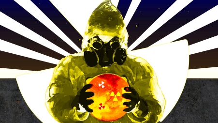 Collage: Hinter einer Person mit gelbem Schutzanzug und Atemschutzmaske, die einen von Radioaktivzeichen überlagerten, feuerrot glühenden Ball in den Händen hält, ist zentralsymmetrisch ein weißes großes Radioaktivzeichen sowie ein weißer Strahlenkranz auf dunklem Grund angeordnet.