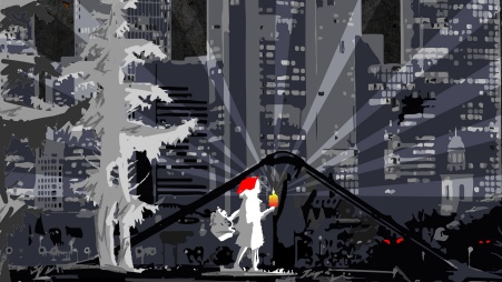 Collage: Hinter einem bizarr geformten Nadelbaum erscheint in einem dunklen Dreieck eine Rotkäppchen-Figur mit Korb und einer rotgelben Kerze in der Hand, von der aus Lichtstrahlen bis zu den Bildrändern dringen; im Hintergrund türmen sich nächtlich beleuchtete Hochhausfassaden.