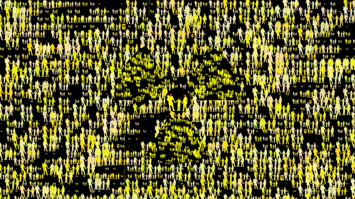 Grafik: Der ganze schwarze Bildgrund ist übersät von unzähligen gelben Menschengruppen, die einander an der Hand halten sowie kleinen gelben Fässern mit Radioaktivzeichen. In der Bildmitte stehen in einem kleinen Kreis zwei Erwachsene und ein Kind mit roten Atemschutzmasken, sie bilden das Zentrum eines angedeuteten größeren Radioaktivzeichens.