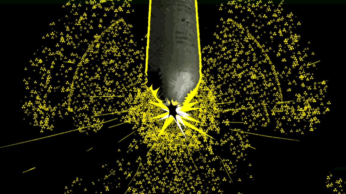 Grafik: An der Spitze einer fallenden dunkelgrauen Bombe erscheint in der Bildmitte ein gelber Sprengblitz. Vor schwarzem Grund streben zahllose winzige gelbe Radioaktivzeichen davon weg und bilden gemeinsam ein großes Radioaktivzeichen.