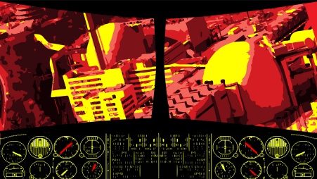 Collage: Blick aus einem Flugzeug-Cockpit auf ein in Gelb und Rot dargestelltes, nur etwa 200 Meter entfernt liegendes Atomkraftwerk; im Inneren des Cockpits leuchten die Anzeigeinstrumente gelb und rot vor schwarzem Grund.