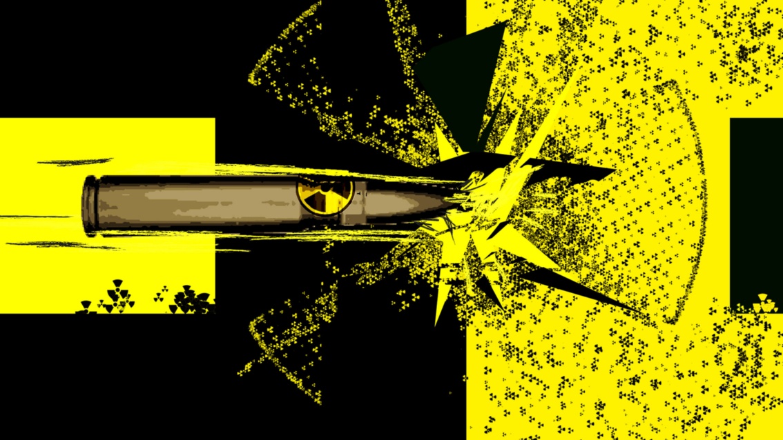 Collage: Eine mit einem Radioaktivzeichen markierte Gewehrpatrone durchschlägt ein großes Radioaktivzeichen, das aus unzähligen kleinen Radioaktivzeichen zusammengesetzt ist.