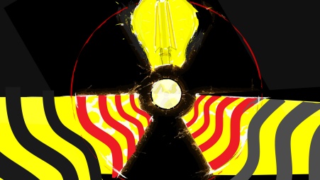 Collage: Aus dem Radioaktivzeichen abgeleitete Grafik; die unteren beiden Teile des Zeichens laufen, von gewellten unbunten sowie roten Blocklinien überlagert, auf den Betrachter zu, während der obere Teil als Glühbirne und der zentrale Punkt als heller Fleck ausgeführt ist.
