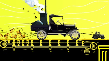 Collage: Vor gelbem Himmel ein Transportfahrzeug mit AKW auf der Ladefläche, dessen Kühlturm Radioaktivzeichen entströmen. Vorgespannt ist ein Traktor; Atommüllfässer sind an das Auto angehängt, dessen Reifen sich auf einem Förderband drehen, wodurch der Eindruck von Stillstand entsteht.