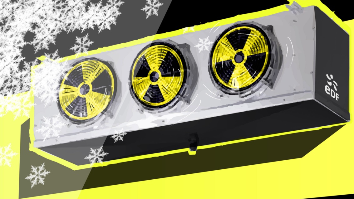 Collage: Eine Klimaanlage in Grau-Schwarz mit dem Logo des französischen Energiekonzerns «edf» in der Untersicht; den drei Ventilatoren, die mit Radioaktivzeichen überlagert sind, entströmen sich nach oben hin verdichtende Eiskristalle.