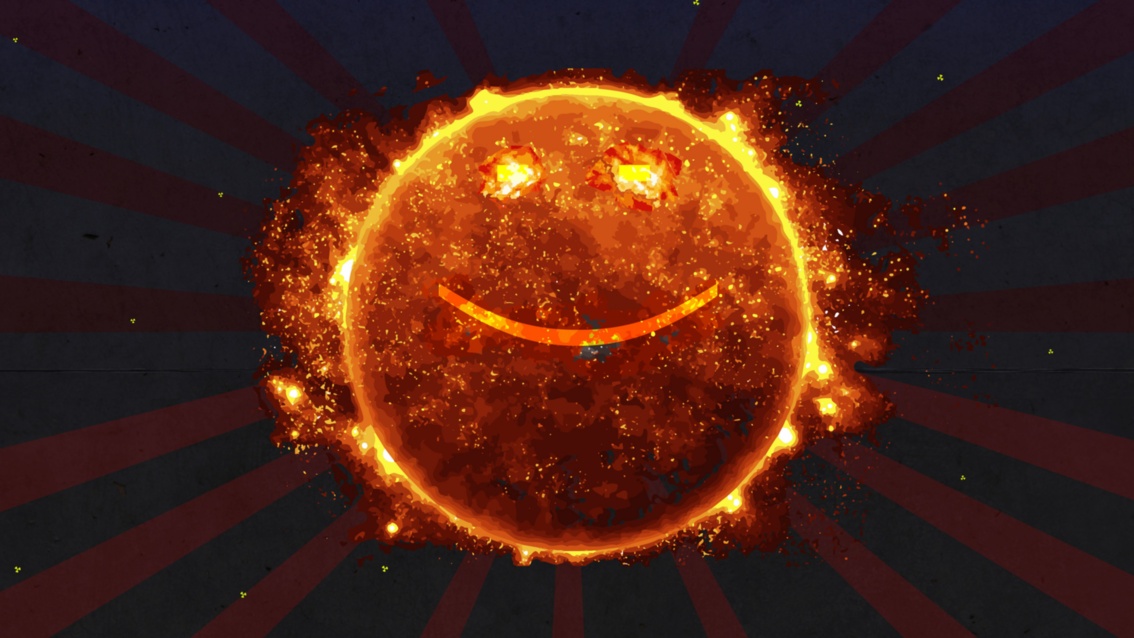 Collage: Auf grauschwarzen Grund eine stark stilisierte Darstellung der Sonne, die grafisch von einem Smiley-Symbol überlagert wird. Von der Sonne aus verlaufen dunkelrote Strahlen zu den Bildrändern.